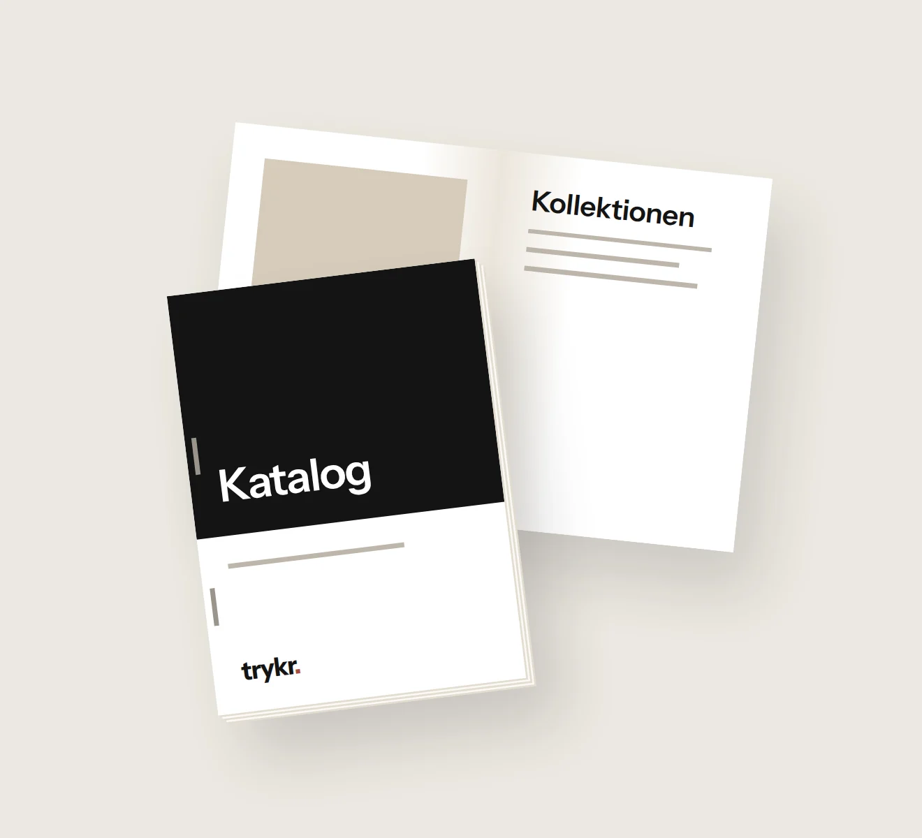 Hæftet katalog foran et opslag fra en brochure