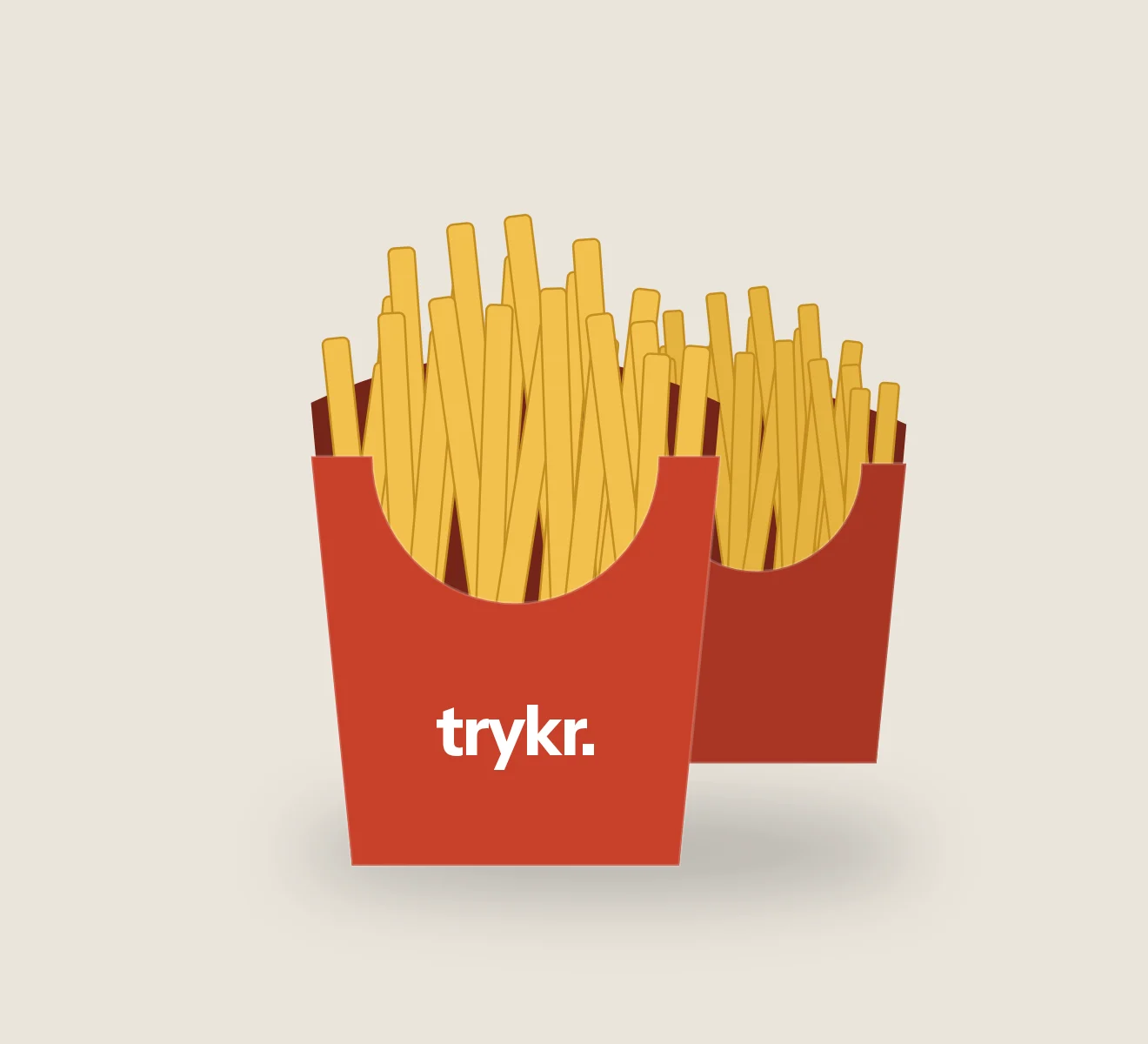 Pommes frites-bæger i karton med logo og pomfritter